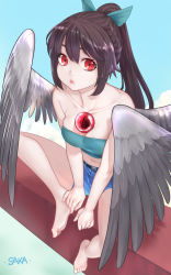 Rule 34 | 1girl, artist name, bandeau, bare shoulders, barefoot, between breasts, black hair, blue shorts, bow, breasts, cleavage, cloud, collarbone, feathered wings, gem, grey wings, hair between eyes, hair bow, highres, long hair, looking at viewer, medium breasts, midriff, navel, parted lips, ponytail, red eyes, reiuji utsuho, sakai-saka, short shorts, shorts, sitting, solo, spread legs, strapless, third eye, touhou, tube top, wings