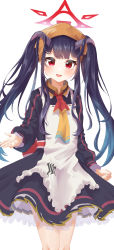 Rule 34 | 1girl, absurdres, apron, black hair, blue archive, blush, frilled skirt, frills, fuuka (blue archive), hair between eyes, halo, highres, horns, long hair, looking at viewer, necktie, open mouth, red eyes, school uniform, simple background, skirt, solo, take-run-atelier, twintails, white background
