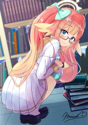 Rule 34 | 1girl, back, blonde hair, blue archive, book, bow, closed mouth, glasses, green eyes, hair bow, highres, kneeling, long hair, looking at viewer, milkmochi, multicolored hair, orange hair, shimiko (blue archive), smile, solo, twintails, two-tone hair, very long hair