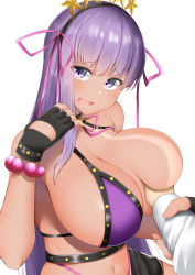 Rule 34 | 1girl, bad id, bad pixiv id, bare shoulders, bb (fate), bb (fate) (all), bb (swimsuit mooncancer) (fate), bb (swimsuit mooncancer) (second ascension) (fate), bead bracelet, beads, bikini, bikini pull, black garter belt, black gloves, black shorts, blush, bracelet, breasts, cleavage, clothes pull, dark-skinned female, dark skin, fate/grand order, fate (series), fingerless gloves, garter belt, gloves, grabbing, grabbing another&#039;s breast, grabbing another's breast, guided breast grab, guiding hand, hair ornament, hair ribbon, hairband, highres, jewelry, kitajima yuuki, large breasts, long hair, looking at viewer, micro shorts, navel, neck ribbon, one breast out, open mouth, purple bikini, purple eyes, purple hair, ribbon, shorts, simple background, smile, solo focus, star (symbol), star hair ornament, studded garter belt, swimsuit, tan, tanline, thighs, very long hair, white background