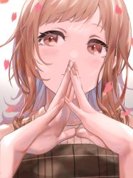 Rule 34 | 1girl, absurdres, blush, brown hair, cherry blossoms, falling petals, fingers together, highres, idolmaster, idolmaster shiny colors, inumantle, light smile, looking afar, own hands together, petals, sakuragi mano, simple background, solo, upper body, white background