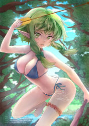 Rule 34 | 10s, 1girl, alternate breast size, arrow (projectile), artist name, barefoot, bikini, blue bikini, blue sky, bow, breasts, day, elf, feet, forest, goblin slayer!, green bow, green eyes, green hair, hair bow, high elf archer (goblin slayer!), holding, holding weapon, large breasts, mg42cat-k1ng, nature, navel, open mouth, outdoors, pointy ears, short hair with long locks, side-tie bikini bottom, sidelocks, sky, solo, standing, standing on one leg, swimsuit, thigh strap, tree, watermark, weapon, web address