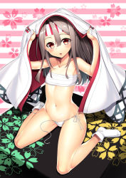 Rule 34 | 10s, 1girl, arms up, blush, flat chest, floral print, hachimaki, headband, highres, japanese clothes, kantai collection, light brown hair, looking at viewer, navel, no panties, open clothes, open shirt, panties, ponytail, red eyes, sarashi, shirt, side-tie panties, sitting, solo, striped, striped background, tabi, tel, underwear, untied panties, wariza, zuihou (kancolle)