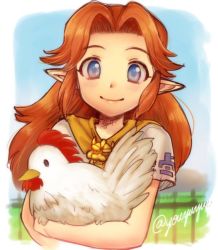 Rule 34 | 1girl, artist name, bird, blue eyes, blush, bowser, brown hair, chicken, cucco, long hair, looking at viewer, malon, nintendo, outdoors, pointy ears, short sleeves, sketch, smile, the legend of zelda, the legend of zelda: ocarina of time, twitter username, upper body, you (youyuyuyu)