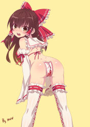 Rule 34 | 1girl, ass, back, bad id, bad pixiv id, bent over, bikini, bikini top only, blush stickers, bottomless, bow, bra, brown eyes, brown hair, butt crack, capelet, collar, detached sleeves, dimples of venus, female focus, from behind, hair bow, hair tubes, hakurei reimu, highres, leaning forward, looking back, maebari, mvv, ofuda, open mouth, red bra, solo, sweat, swimsuit, thighhighs, touhou, underwear, white thighhighs