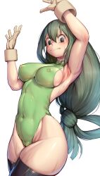 Rule 34 | 1girl, adapted costume, alternate breast size, arm above head, arm up, armpits, arms up, asui tsuyu, bare shoulders, black eyes, black thighhighs, blush, boku no hero academia, breasts, brown gloves, closed mouth, covered erect nipples, covered navel, cowboy shot, embarrassed, eyebrows, female focus, frog girl, gloves, green hair, green leotard, hair rings, hand up, highleg, highleg leotard, highres, large breasts, leotard, long hair, looking at viewer, max (maxlikeapicture), no pupils, sideboob, simple background, solo, sweat, thick thighs, thighhighs, thighs, white background, wide hips