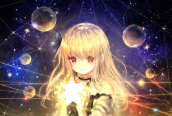 Rule 34 | 1girl, bare shoulders, blonde hair, bubble, catbell, closed mouth, detached collar, dress, hair ornament, hands up, light, long hair, looking at viewer, off-shoulder dress, off shoulder, original, red eyes, sidelocks, smile, solo, star (symbol), starry background, upper body