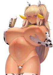 Rule 34 | 1girl, animal ears, animal print, areola slip, bell, blonde hair, blonde pubic hair, blush, breast hold, breast lift, breasts, chocolate milk, closed mouth, colored pubic hair, commentary request, cow ears, cow girl, cow horns, cow print, cowbell, cowboy shot, dark-skinned female, dark elf, dark elven forest ranger, dark skin, deep skin, elf, embarrassed, female pubic hair, from below, grabbing own breast, highres, horns, huge breasts, last origin, long hair, looking to the side, navel, neck bell, nipples, one breast out, pointy ears, pregnant, pubic hair, purple eyes, revealing clothes, solo, stomach, stretch marks, taji (crowview), thighhighs, thighs