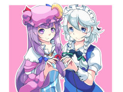 Rule 34 | 2girls, blue dress, blue eyes, bow, bowtie, braid, capelet, crescent, crescent hair ornament, double bun, dress, hair bun, hair ornament, hair ribbon, hat, heart, heart hands, heart hands duo, highres, izayoi sakuya, long hair, looking at viewer, maid headdress, mob cap, mujib, multiple girls, patchouli knowledge, pink background, puffy short sleeves, puffy sleeves, purple eyes, purple hair, ribbon, robe, short hair, short sleeves, sidelocks, silver hair, simple background, smile, striped clothes, striped dress, touhou, tress ribbon, twin braids, upper body, wrist cuffs