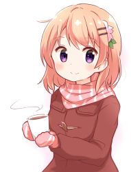 Rule 34 | 1girl, bad id, bad pixiv id, blush, breasts, closed mouth, coat, cup, duffel coat, gloves, gochuumon wa usagi desu ka?, hair ornament, hairclip, hoto cocoa, long sleeves, looking at viewer, orange hair, pink gloves, pink scarf, purple eyes, scarf, short hair, simple background, small breasts, smile, solo, steam, striped clothes, striped scarf, upper body, white background, yaplus