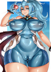 Rule 34 | 1girl, blue hair, bodysuit, breasts, cameltoe, clair (pokemon), covered erect nipples, covered navel, creatures (company), game freak, highres, large breasts, nintendo, pokemon, pokemon hgss, skin tight, yasuaki023