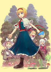 Rule 34 | 3girls, :&lt;, alice margatroid, apron, black skirt, blonde hair, blue dress, blue eyes, blush, boots, bow, broom, brown footwear, capelet, cross-laced footwear, culter, dress, closed eyes, fly agaric, frilled dress, frills, full body, hair bobbles, hair bow, hair ornament, hairband, hat, hat bow, highres, kirisame marisa, leg up, long hair, long sleeves, looking at viewer, multiple girls, mushroom, open mouth, own hands together, picnic basket, puffy short sleeves, puffy sleeves, red bow, red dress, sash, shanghai doll, shinki (touhou), short hair, short sleeves, side ponytail, skirt, skirt set, smile, touhou, touhou (pc-98), tree, vest, white bow, white hair, wide sleeves, witch hat, yellow eyes