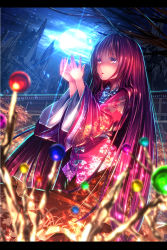 Rule 34 | 1girl, blurry, branch, brown eyes, depth of field, energy ball, floral print, houraisan kaguya, japanese clothes, jeweled branch of hourai, letterboxed, long hair, long sleeves, night, open mouth, purple hair, ryosios, shirt, skirt, sky, solo, standing, touhou, tree, very long hair, wide sleeves