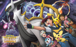 Rule 34 | 2girls, 6+boys, arceus, attack, brock (pokemon), colored sclera, creature, creatures (company), dawn (pokemon), dialga, energy, energy cannon, fingerless gloves, flying, from side, full body, game freak, gen 1 pokemon, gen 2 pokemon, gen 4 pokemon, giratina, giratina (altered), gloves, happiny, highres, holding, holding poke ball, jumping, legendary pokemon, looking at another, multiple boys, multiple girls, mythical pokemon, nintendo, no humans, official art, palkia, pichu, pikachu, pink skirt, piplup, poke ball, pokemon, pokemon: arceus and the jewel of life, pokemon (anime), pokemon (creature), pokemon dppt (anime), profile, red eyes, skirt