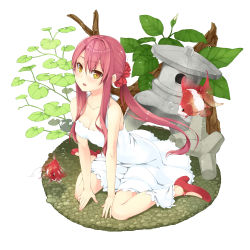 Rule 34 | 1girl, bare arms, bare shoulders, breasts, bubble, cleavage, collarbone, dress, fish, goldfish, looking at viewer, md5 mismatch, open mouth, original, ponytail, red footwear, red hair, scrunchie, shoes, sitting, sleeveless, sleeveless dress, solo, stone lantern, unasaka ryou, underwater, wariza, white dress, yellow eyes