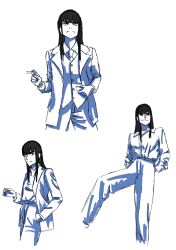 Rule 34 | 10s, 1girl, black hair, blue theme, cigarette, collage, eyebrows, formal, hand in pocket, highres, kill la kill, kiryuuin satsuki, monochrome, roman imperial, pants, solo, suit, thick eyebrows, vest