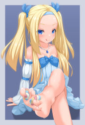 Rule 34 | 1girl, barefoot, between toes, blonde hair, blue eyes, blush, crossed legs, feet, food, hairband, highres, jewelry, licking lips, long hair, looking at viewer, necklace, sitting, smile, soles, sweat, sweets, toes, tongue, tongue out, twintails, zoquqot