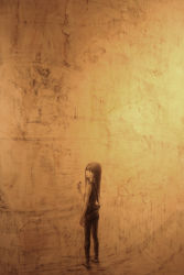 Rule 34 | 1girl, absurdres, brown theme, camera, commentary, denim, eraser, graphite (medium), highres, hiru, holding, jeans, long hair, looking at viewer, looking back, looking up, monochrome, original, pants, solo, tank top, texture, traditional media