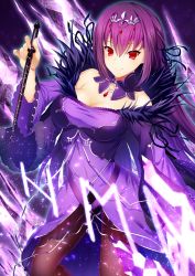 Rule 34 | 1girl, bare shoulders, breasts, cleavage, closed mouth, collarbone, detached collar, dress, emanon123, fate/grand order, fate (series), fur trim, hair between eyes, highres, jewelry, large breasts, long hair, looking at viewer, necklace, pendant, purple dress, purple hair, red eyes, runes, scathach (fate), scathach skadi (fate), smile, solo, thighs, tiara, wand, wide sleeves
