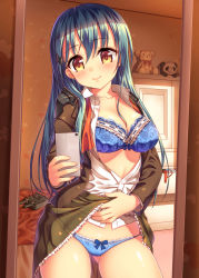 Rule 34 | 10s, 1girl, aqua hair, blue bra, blue panties, blush, bow, bow panties, bra, breasts, cellphone, cleavage, clothes lift, curvy, female focus, highres, kantai collection, lace, lace-trimmed bra, lace-trimmed panties, lace trim, large breasts, long hair, looking at viewer, nazu-na, open clothes, open shirt, panties, phone, selfie, shirt, skirt, skirt lift, smile, solo, standing, suzuya (kancolle), underwear, wide hips, yellow eyes