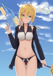 Rule 34 | 1girl, ahoge, artoria pendragon (all), artoria pendragon (fate), artoria pendragon (swimsuit archer) (fate), artoria pendragon (swimsuit archer) (second ascension) (fate), bikini, black jacket, blonde hair, breasts, cleavage, cowboy shot, day, excalibur (fate/stay night), fate/grand order, fate (series), green eyes, hair between eyes, highres, holding, holding sword, holding weapon, jacket, long hair, looking at viewer, saber (fate), solo, standing, stomach, swimsuit, sword, thigh gap, water gun, weapon, yukarite