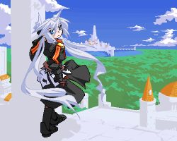 Rule 34 | armor, blue eyes, castle, cloud, day, forest, gauntlets, long hair, lowres, mof, mof&#039;s silver haired twintailed girl, nature, oekaki, original, silver hair, sky, solo, standing, twintails