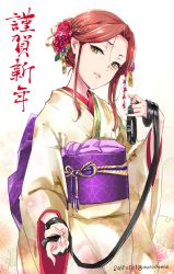 Rule 34 | 1girl, 2018, alternate hairstyle, brown eyes, brown hair, chinese zodiac, collar, commentary request, cowboy shot, dated, flower, furisode, gradient background, hair bun, hair flower, hair ornament, hair up, highres, holding, holding leash, idolmaster, idolmaster cinderella girls, japanese clothes, kanzashi, kimono, leash, long hair, looking at viewer, new year, null (chronix), obi, parted lips, sash, sidelocks, single hair bun, solo, translation request, twitter username, wide sleeves, year of the dog, zaizen tokiko