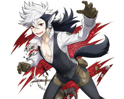 Rule 34 | 1boy, animal ears, black hair, boots, fire emblem, fire emblem fates, gloves, keaton (fire emblem), long hair, low ponytail, male focus, mikami, multicolored hair, nintendo, open mouth, pectoral cleavage, pectorals, red eyes, scar, simple background, solo, tail, two-tone hair, white background, white hair, wolf ears, wolf tail