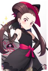 Rule 34 | 1girl, bare shoulders, black dress, black headwear, blush, brown hair, closed mouth, cowboy shot, creatures (company), dress, earrings, elbow gloves, eyelashes, game freak, gazing eye, gen 8 pokemon, gloves, gradient background, hair rings, hand on own hip, hand up, hat, highres, index finger raised, jewelry, long hair, looking at viewer, mixed-language commentary, nintendo, official alternate costume, pink eyes, pink sash, pokemon, pokemon (creature), pokemon masters ex, roxanne (fall 2023) (pokemon), roxanne (pokemon), runerigus, sash, smile, sparkle, twintails, witch hat