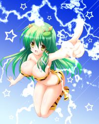 Rule 34 | 1girl, animal print, bandeau, bare shoulders, bikini, boots, breasts, cleavage, cosplay, electricity, fang, female focus, foreshortening, frog hair ornament, green hair, hair ornament, horns, impossible clothes, kochiya sanae, large breasts, long hair, lum, lum (cosplay), no nose, oni, open mouth, osashin (osada), pointing, shiny skin, snake, snake hair ornament, solo, star (symbol), swimsuit, tiger print, touhou, urusei yatsura, yellow eyes
