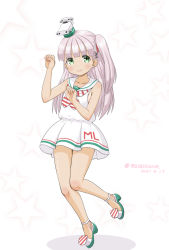 Rule 34 | 1girl, anchor hair ornament, blunt bangs, commentary request, dress, full body, green eyes, hair ornament, hair ribbon, horse pose, kantai collection, long hair, looking at viewer, maestrale (kancolle), masara (chuujou), neckerchief, one side up, ribbon, sailor collar, sailor dress, silver hair, sleeveless, sleeveless dress, solo, star (symbol), starry background, striped neckerchief, striped neckwear, tan, white background, white dress, white headwear, white sailor collar
