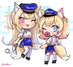 Rule 34 | 2girls, animal ear fluff, animal ears, black footwear, blonde hair, blue eyes, blue hair, blue headwear, blue skirt, chibi, cuffs, doughnut, food, full body, fuwamoco, fuwawa abyssgard, handcuffs, hat, highres, hololive, hololive english, long hair, looking at viewer, mococo abyssgard, mouth hold, multicolored hair, multiple girls, one eye closed, peaked cap, pink eyes, pink hair, police, police uniform, shibedraws, shirt, siblings, sisters, skirt, smile, socks, streaked hair, tail, twins, twitter username, uniform, virtual youtuber, white background, white shirt, white socks