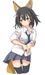 Rule 34 | animal ears, black hair, black thighhighs, blue necktie, blush, buttons, character request, closed mouth, collared shirt, copyright request, extra ears, fox ears, fox tail, grey eyes, grey skirt, hair between eyes, hair ornament, hairclip, highres, index fingers together, long hair, necktie, pleated skirt, po0000000000, shirt, short sleeves, skirt, tail, thighhighs, white background, white shirt
