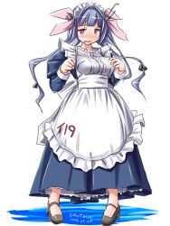 Rule 34 | 10s, 1girl, alternate costume, apron, blue dress, blue hair, blush, breasts, dress, enmaided, hair ribbon, i-19 (kancolle), kantai collection, maid, maid apron, open mouth, red eyes, ribbon, solo, tatsumi ray, twintails