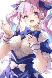 Rule 34 | 1girl, :d, absurdres, anchor symbol, blue bow, blue dress, blue hair, blue nails, blue ribbon, bow, breasts, cleavage, collared dress, colored inner hair, darjeeling (reley), dress, hair ribbon, hands up, highres, hololive, long hair, medium breasts, minato aqua, minato aqua (1st costume), multicolored hair, nail polish, open mouth, pink hair, puffy short sleeves, puffy sleeves, purple eyes, ribbon, short sleeves, simple background, smile, solo, twintails, two-tone hair, very long hair, virtual youtuber, white background, white bow, wrist cuffs