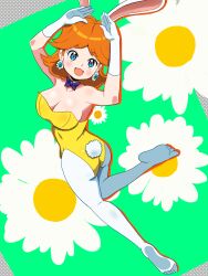 Rule 34 | 1girl, ass, bare shoulders, blue eyes, breasts, cleavage, daisy, detesu, earrings, flower, flower earrings, gloves, grin, highres, jewelry, large breasts, leotard, looking at viewer, looking back, mario (series), medium breasts, nintendo, open mouth, orange hair, pantyhose, princess daisy, rabbit ears, rabbit tail, smile, solo, super mario land, tomboy