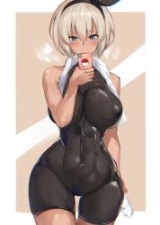 Rule 34 | 1girl, abs, alternate breast size, bea (pokemon), blue eyes, blush, bodysuit, breasts, cellphone, covered erect nipples, covered navel, creatures (company), dark-skinned female, dark skin, game freak, grey hair, gym leader, hair between eyes, hairband, highres, holding, holding phone, large breasts, muscular, muscular female, navel, nintendo, phone, pokemon, pokemon swsh, selfie, short hair, short sleeves, simple background, skin tight, smartphone, solo, spider apple, sportswear, sweat, toned, white background, wide hips