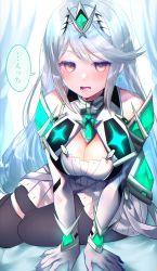 Rule 34 | 1girl, absurdres, alternate color, asada sadao, bare shoulders, breasts, chest jewel, cleavage, cleavage cutout, clothing cutout, dress, earrings, elbow gloves, gloves, highres, jewelry, large breasts, long hair, mythra (massive melee) (xenoblade), mythra (xenoblade), pantyhose, short dress, swept bangs, thigh strap, tiara, very long hair, white dress, white gloves, xenoblade chronicles (series), xenoblade chronicles 2, yellow eyes