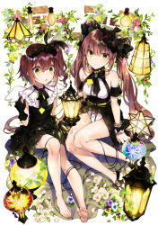 Rule 34 | 2girls, bare legs, bare shoulders, barefoot, black bow, black dress, blue footwear, bow, breasts, brown hair, closed mouth, commentary request, dress, earrings, feet, flower, glowing, hair between eyes, hair bow, highres, jewelry, lantern, leotard, long hair, medium breasts, multiple girls, one side up, original, parted lips, purple flower, shirako miso, sitting, smile, toes, twintails, very long hair, white background, white footwear, white leotard, wrist cuffs, yellow eyes, yellow flower