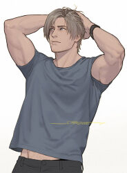 Rule 34 | 1boy, arms behind head, artist name, black pants, brown hair, closed mouth, facial hair, grey shirt, hands in own hair, leon s. kennedy, male focus, midriff peek, muscular, muscular male, pants, parted bangs, resident evil, resident evil 4, resident evil 4 (remake), sardine (kjr0313), shirt, short sleeves, solo, stubble, t-shirt, upper body, watch, white background, wristwatch