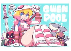 Rule 34 | 1girl, absurdres, animification, backpack, bag, batroc the leaper, blonde hair, blue eyes, character doll, character name, deadpool, deadpool (series), gwenpool, highres, jeff (marvel), looking at viewer, marvel, mask lift, multicolored hair, rariatto (ganguri), shark, short hair, sitting, solo, sword, tongue, tongue out, two-tone hair, weapon