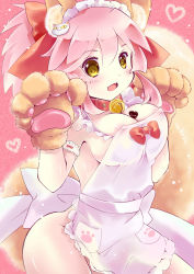 Rule 34 | 1girl, animal ears, animal hands, apron, areola slip, bell, blush, breasts, candy, chocolate, chocolate heart, cleavage, collar, covered erect nipples, fangs, fate/grand order, fate (series), food, fox ears, fox tail, gloves, hair ribbon, heart, highres, large breasts, long hair, looking at viewer, naked apron, neck bell, open mouth, paw gloves, pink hair, ribbon, shinonome86, solo, tail, tamamo (fate), tamamo cat (fate), tamamo cat (third ascension) (fate), tamamo no mae (fate/extra), type-moon, yellow eyes