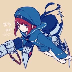 Rule 34 | 10s, 1girl, character name, clothes writing, from above, hat, kantai collection, kobayashi kabura, long sleeves, lowres, machinery, neckerchief, red eyes, red hair, sailor collar, sailor hat, short hair, solo, turret, twitter username, z3 max schultz (kancolle)