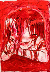 Rule 34 | 1girl, absurdres, arm rest, bad hands, bags under eyes, blood, blood on arm, blood on chest, blood on face, blush, closed mouth, commentary, crying, crying with eyes open, dot mouth, edanoma meu, english commentary, half-closed eyes, hand on own forehead, hand on own head, highres, long hair, nose blush, nude, original, red background, red eyes, red hair, red theme, scar, scar on arm, scratching, scratching arm, self-harm, solo, tears
