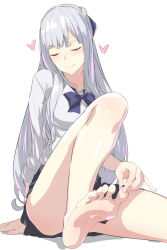 Rule 34 | 1girl, ak-12 (girls&#039; frontline), bare legs, barefoot, blush, breasts, closed eyes, commentary, feet, girls&#039; frontline, heart, kageshio (276006), large breasts, long hair, shirt, sidelocks, silver hair, simple background, sitting, skirt, smile, soles, solo, toes, white shirt