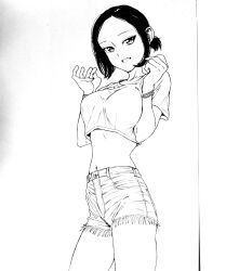 Rule 34 | 1girl, bad id, bad pixiv id, black hair, bracelet, crop top, cropped shirt, dende (dndn222), facing viewer, forehead, greyscale, highres, jewelry, looking at viewer, midriff, monochrome, navel, original, scan, scan artifacts, short hair, short ponytail, shorts, simple background, smile, solo, standing, stomach, teeth, traditional media, white background