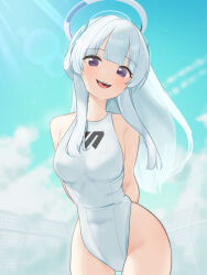 Rule 34 | 1girl, :d, absurdres, arms behind back, bananafish1111, blue archive, blue sky, breasts, cowboy shot, day, grey hair, halo, highres, leaning forward, long hair, looking at viewer, medium breasts, noa (blue archive), one-piece swimsuit, open mouth, outdoors, purple eyes, sky, smile, solo, standing, swimsuit, very long hair, white one-piece swimsuit