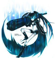 Rule 34 | 10s, 1girl, arm cannon, bad id, bad pixiv id, black&acirc;&tilde;&hellip;rock shooter, black hair, black rock shooter, black rock shooter (character), blue eyes, female focus, full body, hatsune miku, long hair, midriff, monochrome, scar, shorts, solo, sp ng ny, spot color, stitches, vocaloid, weapon