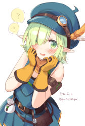 Rule 34 | 1girl, ?, aoi (mechanic) (princess connect!), aoi (princess connect!), arm pouch, bare shoulders, blue hat, blush, brown feathers, cabbie hat, commentary request, dated, feathers, gloves, green eyes, green hair, gucchiann, hair over one eye, hands up, hat, hat feather, highres, looking at viewer, overall skirt, parted lips, pointy ears, princess connect!, simple background, solo, spoken question mark, sweat, twitter username, white background, white feathers, yellow gloves