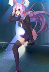 Rule 34 | 1girl, alley, animal ears, bad anatomy, black thighhighs, blazer, breasts, brown footwear, climbing, collared shirt, commentary request, extra ears, fence, hand on own head, highres, jacket, large breasts, long hair, long sleeves, miton (turuyasann), necktie, night, open mouth, outdoors, purple hair, purple skirt, rabbit ears, red eyes, red necktie, reisen udongein inaba, shirt, shoes, skirt, solo, thighhighs, thighs, touhou, twitter username, very long hair